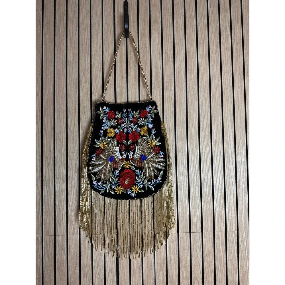 Ramla‎ Mumbai Pouch Bag Black Velvet Embroidered Peacock Beaded Fringe Evening